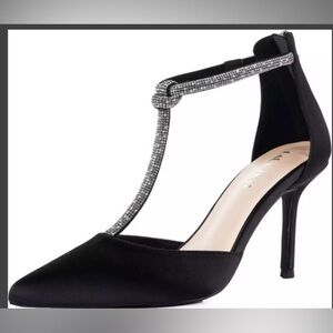 LALA IKAI T-Strap High Heels Closed Pointed Toe Stiletto Rhinestones Sz 7 (37.5)